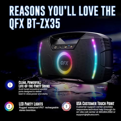 Powerful & Portable Waterproof All Terrain Bluetooth Speaker with Deep Bass, LED Party Lights, Fast USB-C Charging, FM Radio, AUX – QFX BT-ZX35 | Powerful 2.7" Full-Range Drivers, Deep Bass, Fast USB-C Charging, FM Radio, LED Party Lights, AUX/USB/TF Card