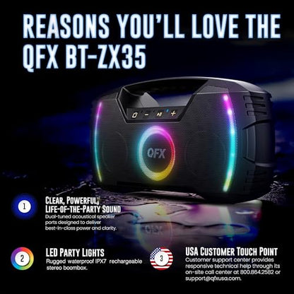 Powerful & Portable Waterproof All Terrain Bluetooth Speaker with Deep Bass, LED Party Lights, Fast USB-C Charging, FM Radio, AUX – QFX BT-ZX35 | Powerful 2.7" Full-Range Drivers, Deep Bass, Fast USB-C Charging, FM Radio, LED Party Lights, AUX/USB/TF Card