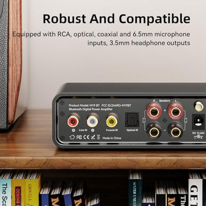 M19 BT Amplifier Stereo Receiver, Bluetooth 5.3 Mini Amplifier 2 Channels 100W x2 HiFi Class D Amp with RCA/Optical/Coaxial/Mic Input and Bass Treble Control for Home Outdoor Speakers
