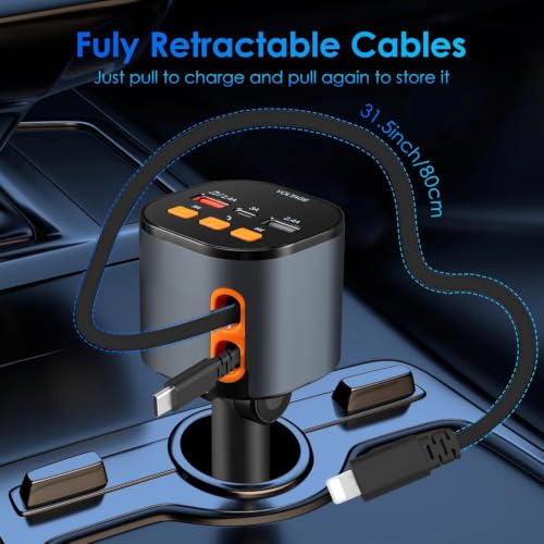 Retractable Car Charger,5 in 1 Fast Cars Phone Charger 90W,Bluetooth 5.3 FM Transmitter Adapter,Handsfree Call,2 Retractable Cables and USB Chargers for iPhone17/16 15/14/13 - color: Black