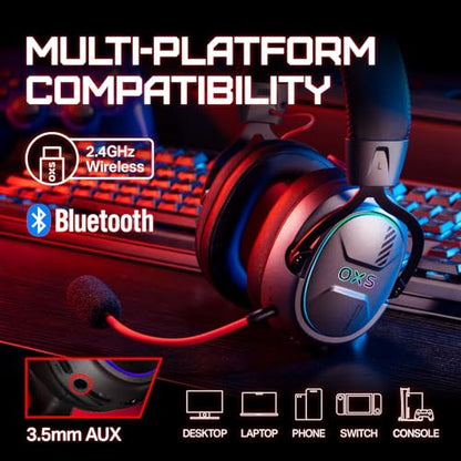 OXS Storm G2 Wireless Gaming Headsets, 7.1 Virtual Surround Sound, 3 EQ Modes, 2.4G Low Latency, 50mm Driver, 40H Playtime, RGB Light, Bluetooth 5.3, Compatible with PC, Console, Mobile, Black - color: Black
