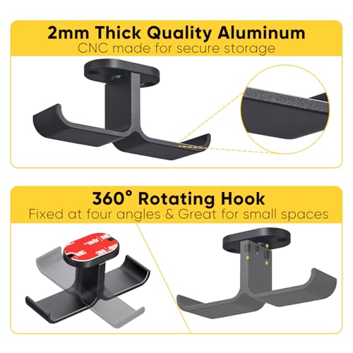 Under Desk Headphone Hanger with Strong Adhesive and Screws Mount, 360° Rotatable Dual Headset Holder Stand, Aluminum Metal Adjustable Headphone Hook, Perfect for Home Gaming & Office - Black - size: Black - 2 Headphones, Metal