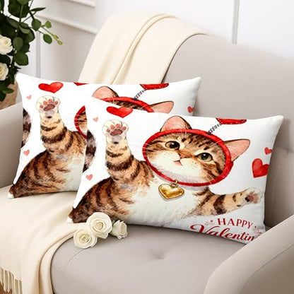 Cat Throw Pillow Covers Set of 2, Playful Fanciful Hearts Red Headband Valentine Red with Hidden Zipper Cover Decorative Pillows for Living Room Bedroom Loft Office Car Decor 20x12 Inch - size: 20" x 12" (Pack of 2)