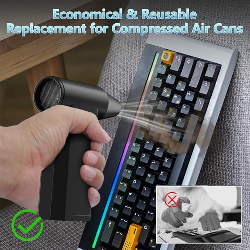 Compressed Air Duster and Vacuum, 2 in 1 4-Gear Dust Blower, Mini | 210,000RPM, Electric, Cordless, Pc, Keyboard, Car, Home, Fast Charging, Replaces Canned Air, 2 Nozzles and Brushes, Black