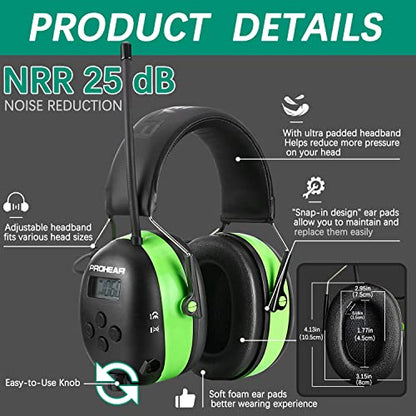 PROHEAR 033 Upgraded 5.4 Bluetooth Hearing Protection AM FM Radio Headphones, Noise Reduction Safety Earmuffs with Rechargeable 1500mAH Battery, 31dB SNR Ear Protector for Mowing Lawn,Gifts for Father - color: Green