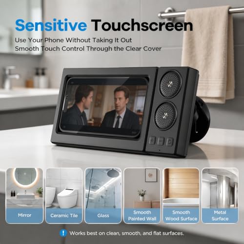 Waterproof Shower Phone Holder with Bluetooth Speaker, Wall Mount Phone Case for Bathroom, Dual Built-in Speakers, Touch Sensitive, Fog Resistant, Fits 4.7 to 7.0 Inch Phones (White) - color: White