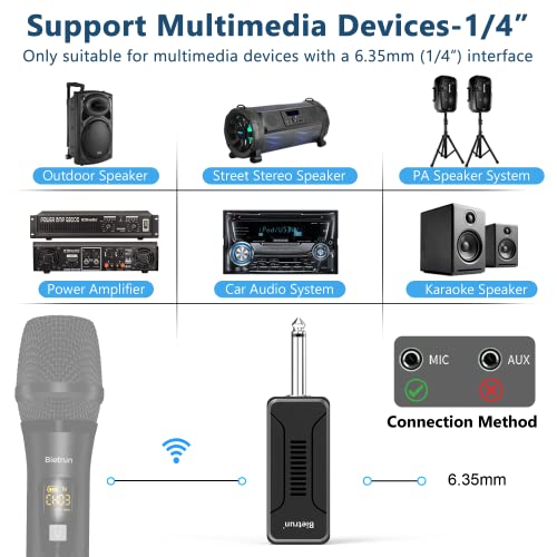 Bietrun UHF Wireless Microphone Receiver WXM02/WXM04, Rechargeable 720mAh Battery, 160 ft Range, 1/4" Output for Karaoke, PA System & Mixer