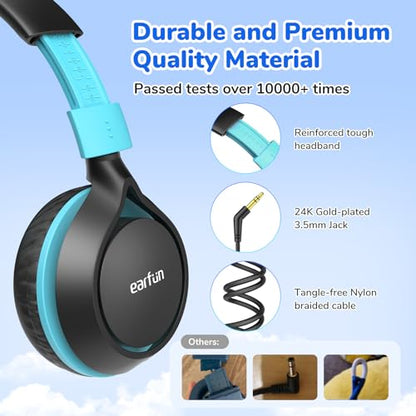 EarFun S1 Kids Headphones, Wired Headphones for Kids, Lightweight, Black | Stereo Sound, Adjustable Headband, 85dB Volume Limit, Portable On-Ear Headphone for School/Travel/Boys/Girls/PC/Tablet, Black - color: Dark Black