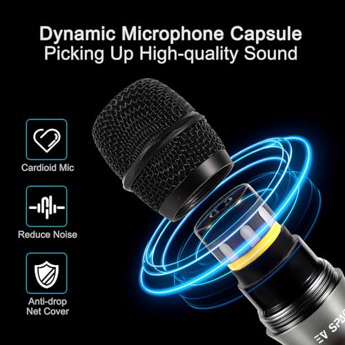 Rechargeable Wireless UHF Handheld Microphone, 200ft Dynamic Mic System | Aluminum alloy body, 6-hour runtime, 2-hour charging, 3.5mm & 6.35mm outputs, ideal for karaoke, weddings, speeches