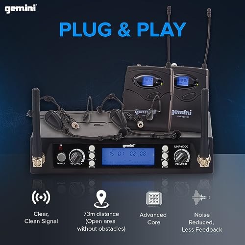 Gemini UHF Dual Headset & Lavalier Wireless Mic System (UHF-6200HL) | Dual UHF headset & lavalier mics, 512-537.5 MHz - auto SYNC pairing - 2 XLR outs + 1/4" summed mix out - LCD, 1U rack mount - style: Dual Lapel Mic