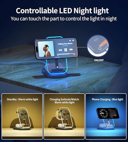 3 in 1 Magnetic Wireless Charging Station for Apple Devices | Fast Travel Charger Stand with Night Light for MagSafe-enabled iPhone 17 16 15 14 13 12 Series, Apple Watch/AirPods Pro, BU - color: Blue