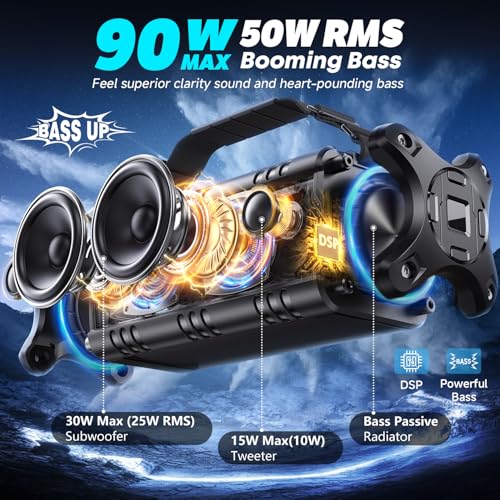 W-KING Bluetooth Speaker Loud, 90W Max IPX6 Waterproof Portable Outdoor Speaker, 50W Deep Bass Subwoofer/40H/EQ/Dual Pairing/TF/AUX, Large Boombox Wireless Speakers for Home, Party, Camping, Beach - color: BLACK