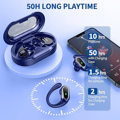 Wireless Earbuds, 2026 New Bluetooth 5.4 Headphones Sport, 60H+ HiFi Stereo | Deep Bass Over-Ear buds, ENC Noise Cancelling Mic, IP7 Waterproof & LED Display Earphones, Earhooks, for Workout, Running - color: comb navy blue