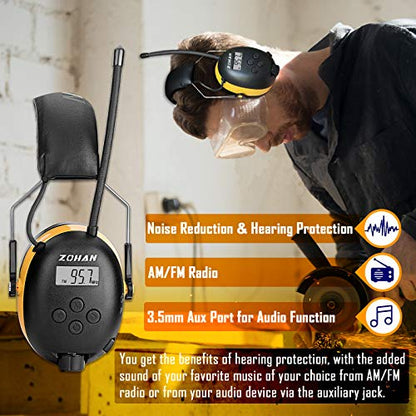 ZOHAN AM/FM Radio Headphone with Digital Display,Ear Protection Noise Reduction Earmuffs,Comfortable Hearing Protector - color: Yellow, style: Radio+gel Ear Pads