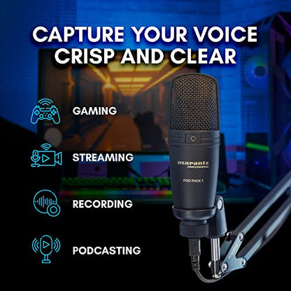 Marantz Professional Pod Pack 1 USB Microphone with Boom Arm | Includes Boom Arm, Plug and Play USB, PC and Mac Compatible, for Voice Chat, Content Creation, Gaming, Streaming and Podcasts - style: USB Mic w/ Boom Arm