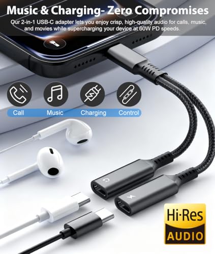 USB C Splitter 1 in 2 Out Dual Type C Headphone jack and Charger Adapter | 2in1 USB Type C Audio Jack Dongle with PD 60W Fast Charging Cable for iPhone 17 16 15 Pro Max, iPad, Samsung, LG More USBC