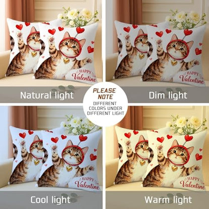 Cat Throw Pillow Covers Set of 2, Playful Fanciful Hearts Red Headband Valentine Red Soft Velvet Washable Cover Decorative Pillows for Living Room Apartment Bed Sofa Decor 28x28 Inch - size: 28" x 28" (Pack of 2)