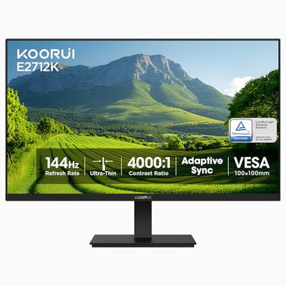 KOORUI 27 Inch Computer Monitor 144Hz FHD 1080p VA Display for Work & Play | 4000:1 Contrast Ratio, Adaptive Sync, Eye Care TÜV Rheinland Certified, Slim Bezels, HDMI/VGA, VESA & Tilt for Home Office - size: 27