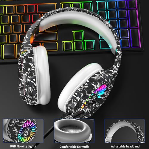 ZIUMIER Wired Camo Gaming Headset for PC, PS5, PS4, Xbox Series X|S | 노이즈 캔슬링 마이크, LED RGB 조명, 50mm 드라이버, 3.5mm 오디오 잭, 소프트 메모리 폼, 멀티 플랫폼 헤드폰 - color: 카모플라주