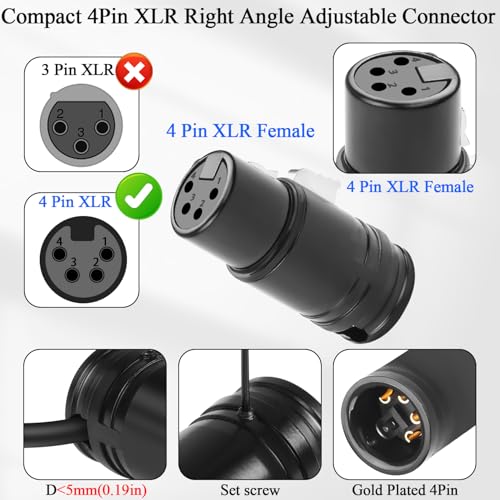 QIANRENON Compact 4Pin XLR Solder Microphone Adapter Adjustable 90° Angle 4Pin XLR Female Thin Cable Connector Gold Plated x-LR 4 Audio Socket, for DIY Repair 4 Pole X-LR, Included 0.9mm Spanner