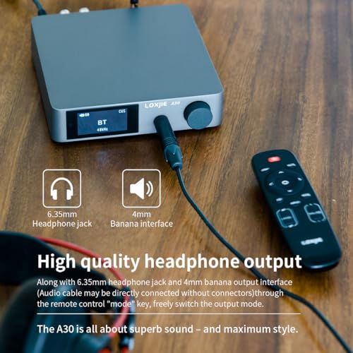 LOXJIE A30 Desktop Stereo HiFi Audio Power Amplifier & Headphone Amplifier, Infineon's MA12070 Chip Class D Amp, ES9023 DAC Chip, USB/Optical/Coaxial/RCA/Bluetooth 5.0 Input (with Remote Control)