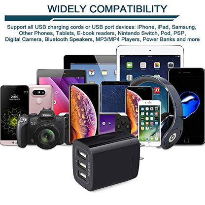 Wall Charger Plug, USB Charger Cube, AILKIN 3.1A 3-Muti Port USB Adapter | Power Plug Charging Station Box Black Base for iPhone 17 16 15 14 13 12 11 Pro Max/SE, Samsung Galaxy Phones Charge Block - color: Wall Charger Black