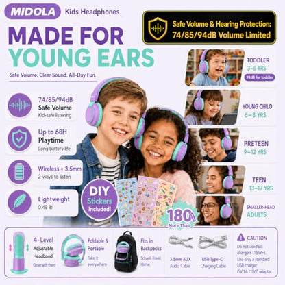 Kids Bluetooth Headphones Wireless 68 Hours,Safe Volume Limit 85/94dB | Adjustable Headband Foldable Over-Ear Lightweight Headsets for Toddler Girls Boys Tablet/iPad,HD Stereo,Built-in Mic,Purple - color: Purple