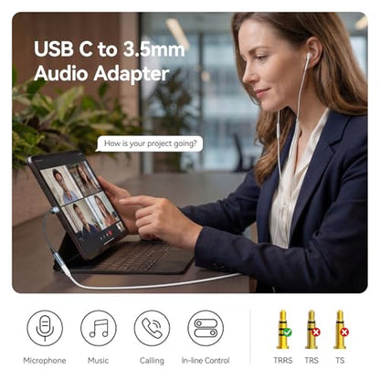 SAMZHE USB C to 3.5mm Audio Adapter, HiFi DAC Aux Dongle with Mic - size: 1 Pack