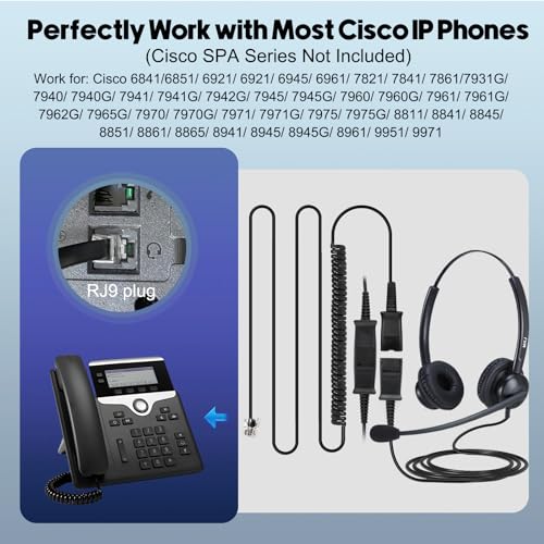 MKJ Noise Cancelling Cisco Headset with Microphone Dual Ear Wired Call Center Headphones for Office Phone Cisco CP-7821 7841 7861 8841 7942G 7931G 7940 7945G 7961 7962G 7965 7970G 7975G 8811 9951 - color: Middle Duo Headset