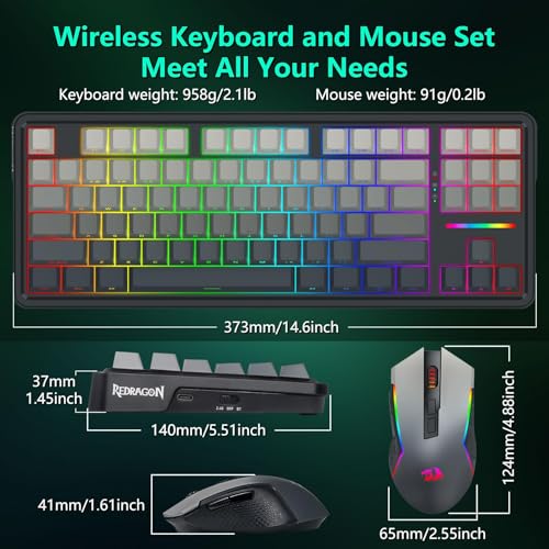 Redragon Wireless Mechanical Keyboard and Mouse Combo, RGB Backlit | Bluetooth/2.4Ghz/USB-C Wired, TKL Creamy Gaming Keyboard with Hot Swappable Linear Switches + 12800 DPI Gamer Mouse