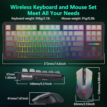 Redragon Wireless Mechanical Keyboard and Mouse Combo, RGB Backlit | Bluetooth/2.4Ghz/USB-C Wired, TKL Creamy Gaming Keyboard with Hot Swappable Linear Switches + 12800 DPI Gamer Mouse