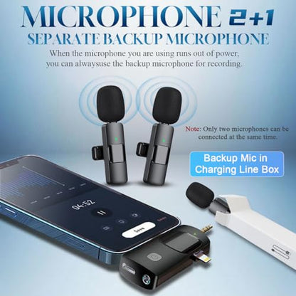 3 in 1 Wireless Lavalier Microphone for iPhone, iPad, Android, Camera,12-Hour Battery, mini Noise Reduction Recording Mic 2.4G Ultra-Low Delay, Microphone for Vlog/ TikTok/YouTube Live Stream( 3 Mic) - size: 3 MIC