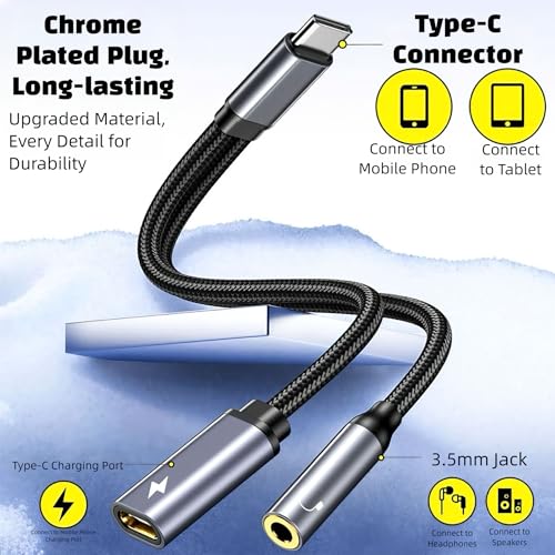 USB C to 3.5mm Audio Adapter with 60W PD Fast Charging, 2-in-1 DAC Audio Converter and Headphone Jack, Compatible with iPhone 15/15 Pro, iPad Pro, Samsung Galaxy, Gaming, Car Aux - size: 1 Pack