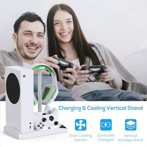 Cooling Fan with Charging Stand for Xbox Series S Console and Controller | Dual Charger Dock Accessories with 2 x 1400mAh Rechargeable Battery and Cover, Headphone Mount for Xbox Series S, White - color: White