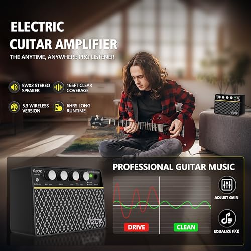 AZOR 10W Mini Guitar Amp, Rechargeable Portable Amp for Travel | Clean/Drive switchable, 6H battery life, 3.5mm headphone jack for silent practice, lightweight for travel