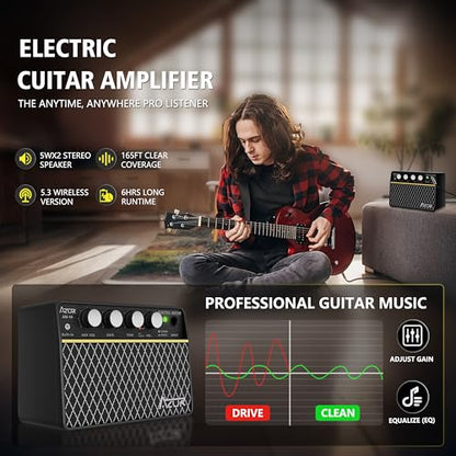 AZOR 10W Mini Guitar Amp, Rechargeable Portable Amp for Travel | Clean/Drive switchable, 6H battery life, 3.5mm headphone jack for silent practice, lightweight for travel