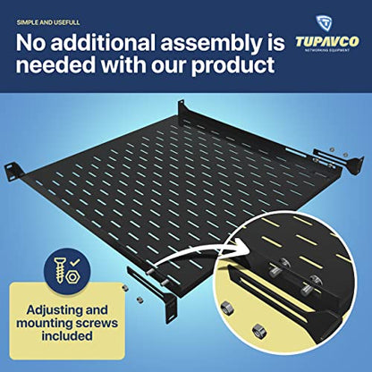 1U Server Rack Shelf - 4 Post Mount Tray (450mm Depth) - Tupavco TP1711 | 17.7" deep rackmount tray for 19in standard rack / network cabinet, vented for maximum airflow