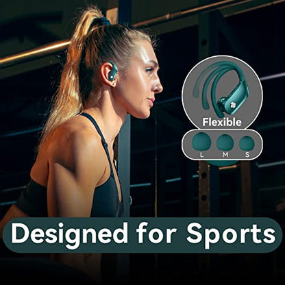 bmani Ear Buds Wireless Earbuds Bluetooth Headphones with 80H Playtime LED Display Case, Over-Ear Hook with Mic, Stereo Sound, Easy Button Controls, Sports Earphones for Running Workout Gym Green - color: Green, style: Standard