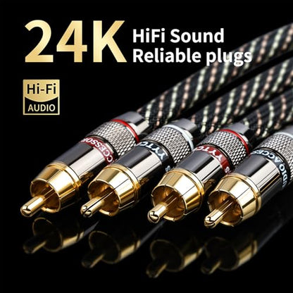 Audiophile HiFi 3.28ft Audio RCA Cables - 2RCA Male to Male,15 AWG,4N OFC Core,24K Gold-Plated Plugs,with Nylon Braid,Subwoofer Cable,Compatible with Amplifier,CD Player,Turntable(3.28ft/1m) - size: 3.28 ft
