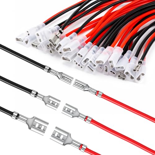 Jeffdad 30Pcs 6.3mm Female Spade Crimp Terminal with Insulating Sleeve Wire | 2.8mm 4.8mm Female Spade Quick Splice Connector Assortment Kit Red+Black Spades Connectors with 20cm Wires