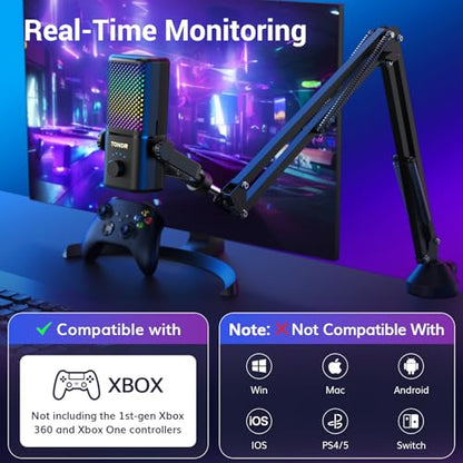 TONOR Gaming Mic Compatible with Xbox, RGB Streaming Boom Mic with 30H Battery Life, Low Noise, Monitoring, Gain Control, One Tap Mute, Fast Charging, Compatible with Capture Card TCX3+ Black - color: Black, style: Modern