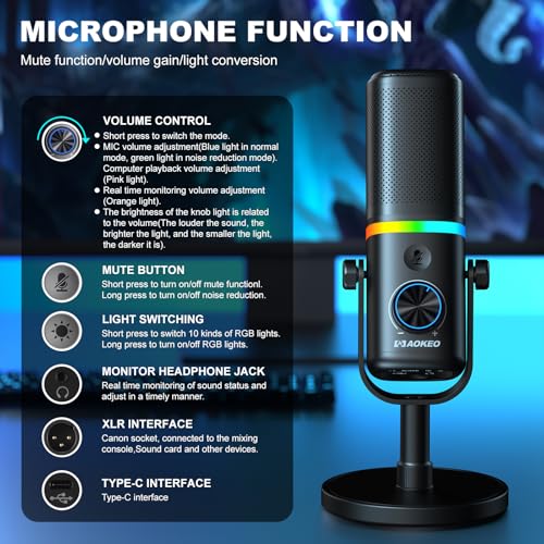 Microphone for PC, AK-10 USB/XLR Dynamic Desktop Microphone for Gaming,Podcast,Streaming with RGB Light,Volume Control,Mute Button,Noise Reduction(White) - color: White