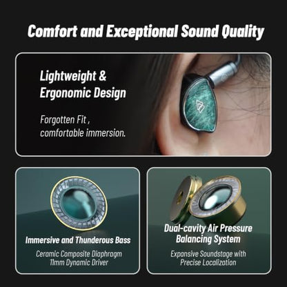 BQEYZ NI Wired in Ear Monitor, Gaming Earbuds with 3.5 & 4.4mm Plugs | HiFi 11mm Dynamic IEM Headphones with 0.1% Ultra-Low Distortion, 360° Surround Deep Bass for PS5 PC Smartphone - color: 3.5 & 4.4mm Interchangeable Plug Green