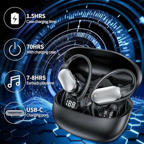 Wireless Earbuds with Earhooks in-Ear Earbuds Bluetooth 5.4 with ENC Noise Cancelling 75Hr Playback IPX7, 2025 Workout Bluetooth Earphones, HiFi Deep Bass Clear Highs Wireless Headphones