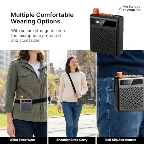 Wireless Voice Amplifier for Teachers with Microphone (Black) | Portable Rechargeable Bluetooth Speaker with Wireless Clip-On Mic Waist Strap for Classroom Teaching Public Speaking Training - size: 1-pack