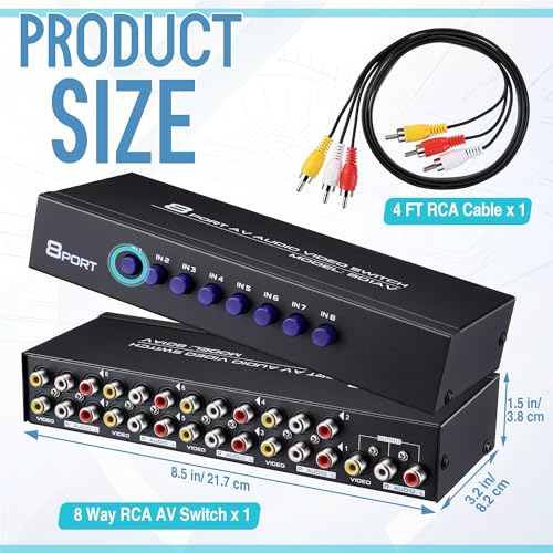 8 Way AV Switch, RCA Switcher with 4 FT RCA Cable, 8 in 1 Out | Composite Video L/R Audio Selector Box, 8 Port AV Selector Switch Plug & Play for DVD STB Console, Yellow/White/Red Connector - size: 8.5 x 3.2, style: 8 in 1 Out