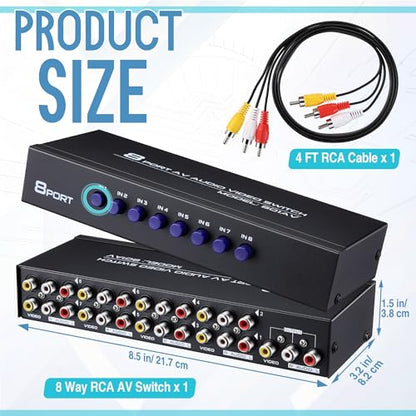 8 Way AV Switch, RCA Switcher with 4 FT RCA Cable, 8 in 1 Out | Composite Video L/R Audio Selector Box, 8 Port AV Selector Switch Plug & Play for DVD STB Console, Yellow/White/Red Connector - size: 8.5 x 3.2, style: 8 in 1 Out