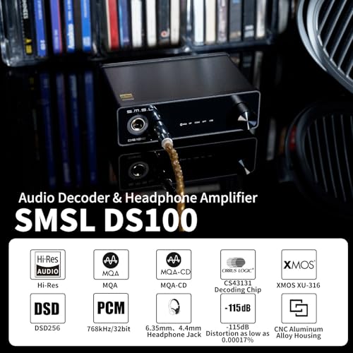 SMSL DS100 MQA CD DAC Headphone Amplifier CS43131 Chip Stereo Audio DAC | 6.35mm & Balanced 4.4mm Headphone USB Optical Coaxial XU316 768kHz/32Bit DSD256 Desktop DAC for PC/Speaker/phoneHome Audio