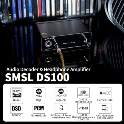 SMSL DS100 MQA CD DAC Headphone Amplifier CS43131 Chip Stereo Audio DAC | 6.35mm & Balanced 4.4mm Headphone USB Optical Coaxial XU316 768kHz/32Bit DSD256 Desktop DAC for PC/Speaker/phoneHome Audio