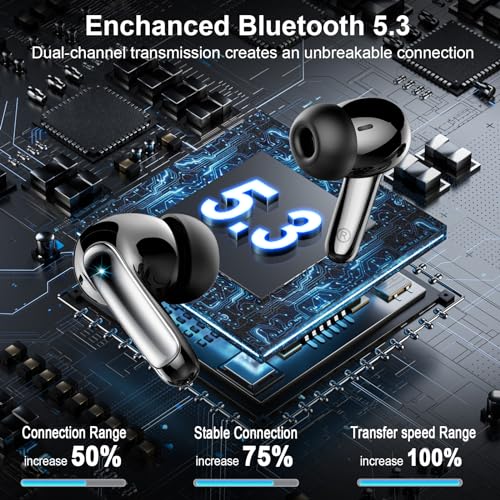 Wireless Earbuds, Bluetooth 5.3 Headphones Bass Stereo, 48Hours Playtime, 4 ENC Mic Clear Calls, Noise Cancelling Ear Buds with LED Display Charging Case,IPX7 Waterproof Earphone for Android iOS Black - color: Black